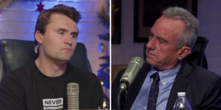 Charlie Kirk, left, interviews independent presidential candidate Robert F. Kennedy Jr. on Thursday.