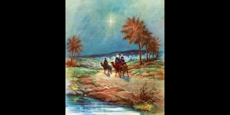 Vintage illustration of the Three Magi following the North Star towards Bethlehem; screen print, 1940s-1950s.