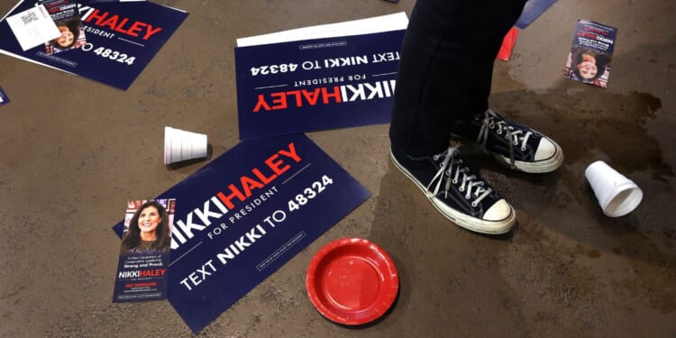 Guests wait to greet Republican presidential candidate former U.N. Ambassador Nikki Haley as she wraps up a campaign stop at the Nevada Fairgrounds on December 18, 2023 in Nevada, Iowa.