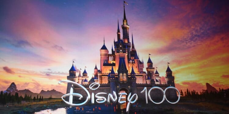 The Disney logo celebrating 100 years is displayed on stage during CinemaCon 2023 at Caesars Palace in Las Vegas, Nevada.