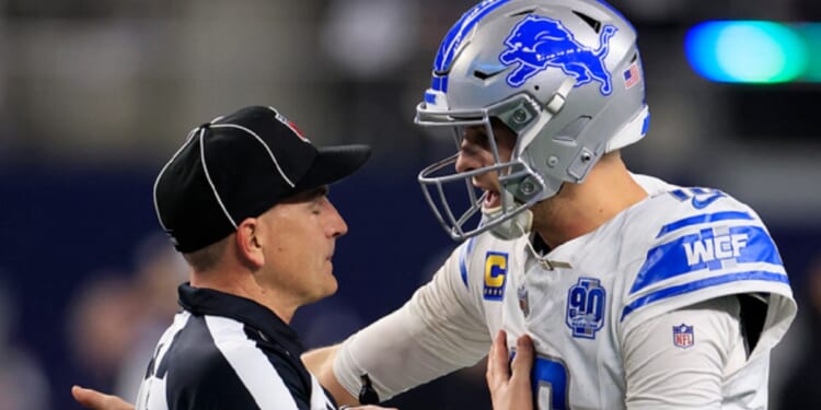 Jared Goff of the Detroit Lions argues a call with field judge Nate Jones during the fourth quarter in Saturday night's game at AT&T Stadium in Dallas.