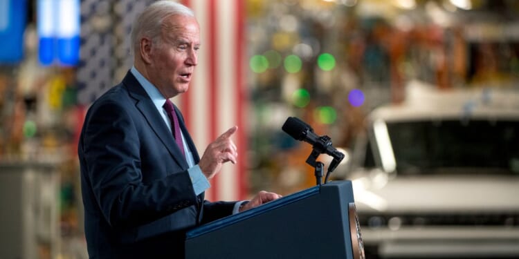 President Joe Biden speaks at a General Motors electric vehicle assembly plant on Nov. 17, 2021, in Detroit.