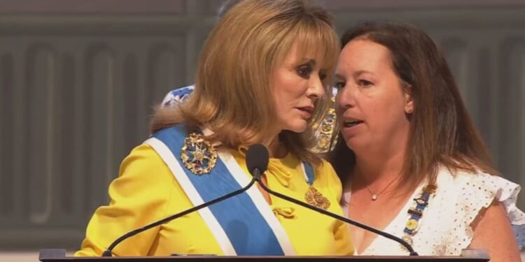 Pamela Wright, president general of the Daughters of the American Revolution, speaks during the organization's annual meeting on June 29, 2023.