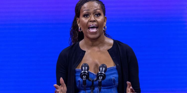 Michelle Obama speaks at the Billie Jean King National Tennis Center in New York City on Aug. 28, 2023.