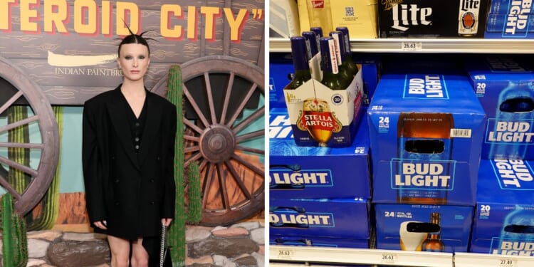 (L) Dylan Mulvaney attends the "Asteroid City" New York Premiere at Alice Tully Hall on June 13, 2023 in New York City. (R) Bud Light, made by Anheuser-Busch, sits on a store shelf on July 27, 2023 in Miami, Florida.