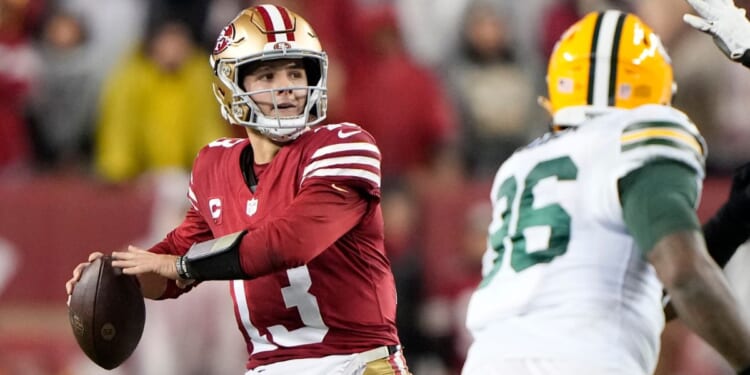 San Francisco 49ers quarterback Brock Purdy looks to pass during the second half against the Green Bay Packers in the NFC Divisional Playoffs in Santa Clara, California, on Saturday.