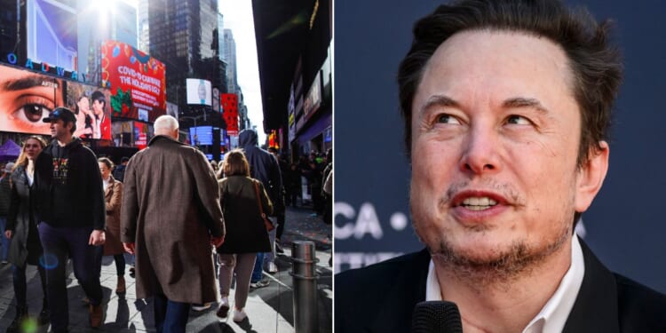 At left, people in Times Square in New York on Dec. 29. At right, Elon Musk speaks at the Atreju political convention organized by Fratelli d'Italia in Rome on Dec. 15.