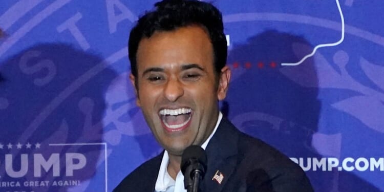 Former Republican presidential candidate Vivek Ramaswamy speaks during a campaign rally for former President Donald Trump in Atkinson, New Hampshire, on Tuesday.