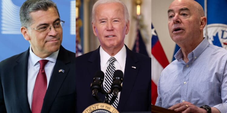 Just moments after White House press secretary Karine Jean-Pierre touted President Joe Biden's, center, mental acuteness on Monday, Biden mixed up members of his cabinet, misidentifying Homeland Security Secretary Alejandro Mayorkas, right, as Human Services Secretary Xavier Becerra, left.