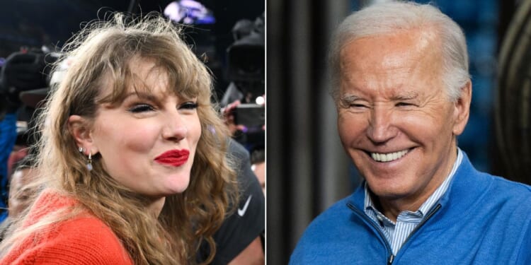 At left, Taylor Swift walks off the field following the AFC championship Sunday between the Kansas City Chiefs and the Baltimore Ravens. At right, President Joe Biden waves during a campaign stop at Earth Rider Brewery in Superior, Wisconsin on Thursday.