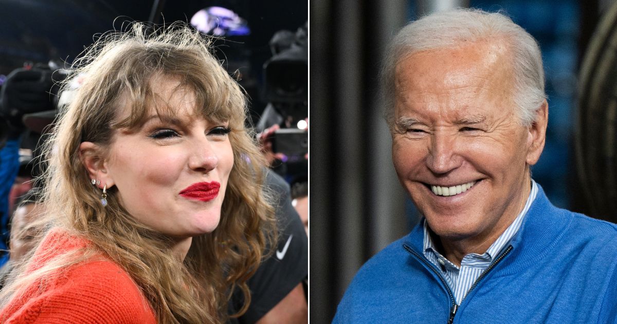 At left, Taylor Swift walks off the field following the AFC championship Sunday between the Kansas City Chiefs and the Baltimore Ravens. At right, President Joe Biden waves during a campaign stop at Earth Rider Brewery in Superior, Wisconsin on Thursday.