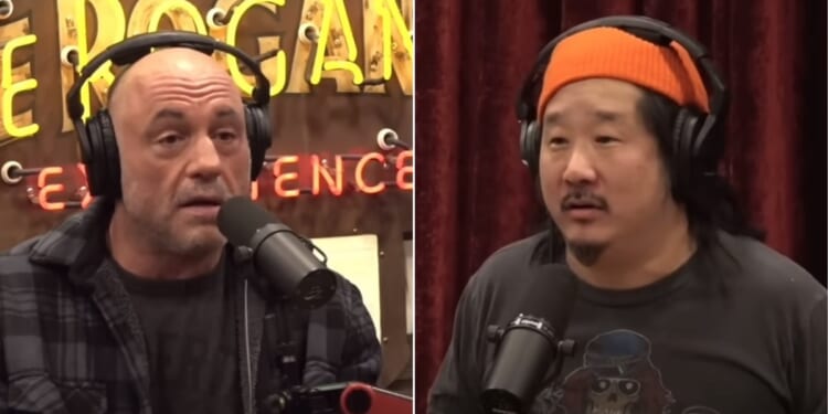 Conservative podcaster Joe Rogan, left; comedian Bobby Lee, right.