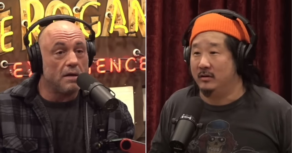 Conservative podcaster Joe Rogan, left; comedian Bobby Lee, right.