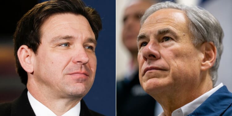 Florida Gov. Ron DeSantis, left, has vowed to help Texas Gov. Greg Abbot, right, in his border crisis battle with both illegal immigrants and the Biden administration by supplying "personnel and assets."