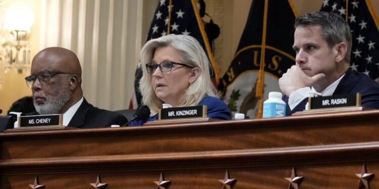 Rep. Bennie Thompson, left, and then-Reps. Liz Cheney and Adam Kinzinger are seen during a hearing of the House Select Committee to Investigate the January 6th Attack on the U.S. Capitol in the Cannon House Office Building in Washington on Oct. 13, 2022.