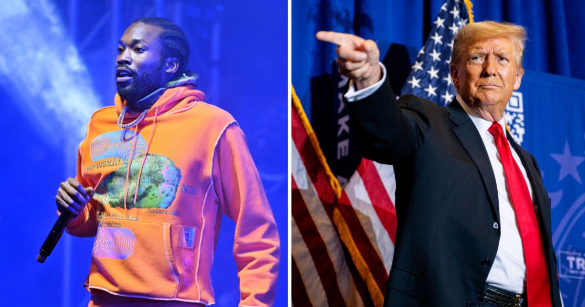 Rapper Meek Mill performs at Clark Atlanta University on Oct. 18, 2023, in Atlanta. Former President Donald Trump points to supporters after a campaign rally on Tuesday in Atkinson, New Hampshire.