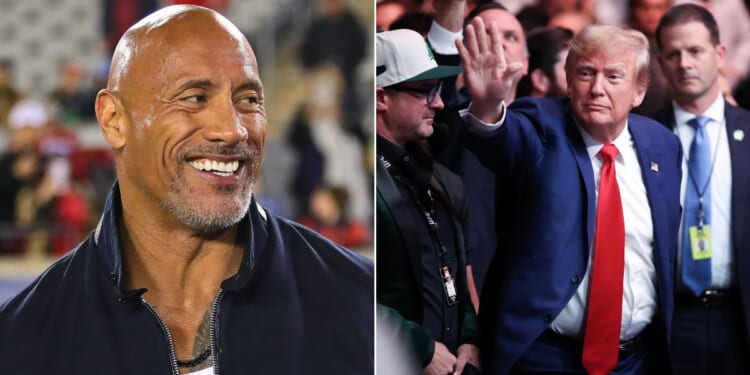 At left, Dwayne "The Rock" Johnson appears at TDECU Stadium for an XFL game between the Houston Roughnecks and the Orlando Guardians on Feb. 18. At right, Republican presidential candidate and former President Donald Trump greets the crowd at UFC 296 at T-Mobile Arena in Las Vegas on Dec. 16.