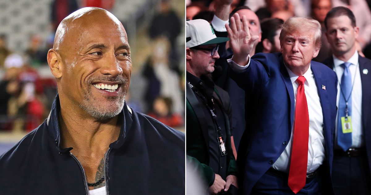 At left, Dwayne "The Rock" Johnson appears at TDECU Stadium for an XFL game between the Houston Roughnecks and the Orlando Guardians on Feb. 18. At right, Republican presidential candidate and former President Donald Trump greets the crowd at UFC 296 at T-Mobile Arena in Las Vegas on Dec. 16.