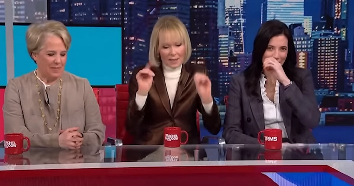 Writer E. Jean Carroll, flanked by attorneys Roberta Kalan, left, and Shawn Crowley, right, being interviewed on MSNBC's "The Rachel Maddow Show."