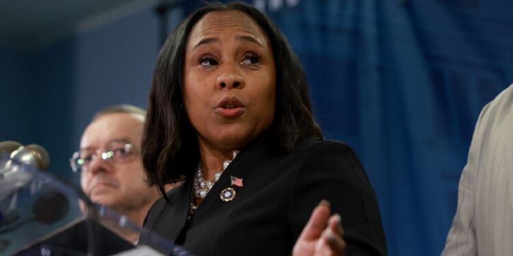 Fulton County District Attorney Fani Willis speaks during a news conference Aug. 14 announcing the indictments of former President Donald Trump and 18 co-defendants on charges of illegally attempting to overturn the results of the 2020 election.