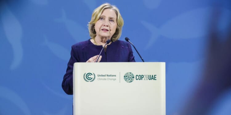 Hillary Clinton speaks during the UNFCCC COP28 Climate Conference in Dubai on Dec. 4.