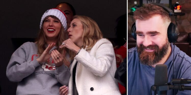 Taylor Swift and Brittany Mahomes cheering after a touchdown, and Jason Kelce laughing