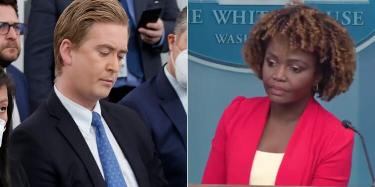 During Wednesday's White House news briefing, Fox News correspondent Peter Doocy, left, pressed White House press secretary Karine Jean-Pierre, right, about President Joe Biden making a comment about election denial.