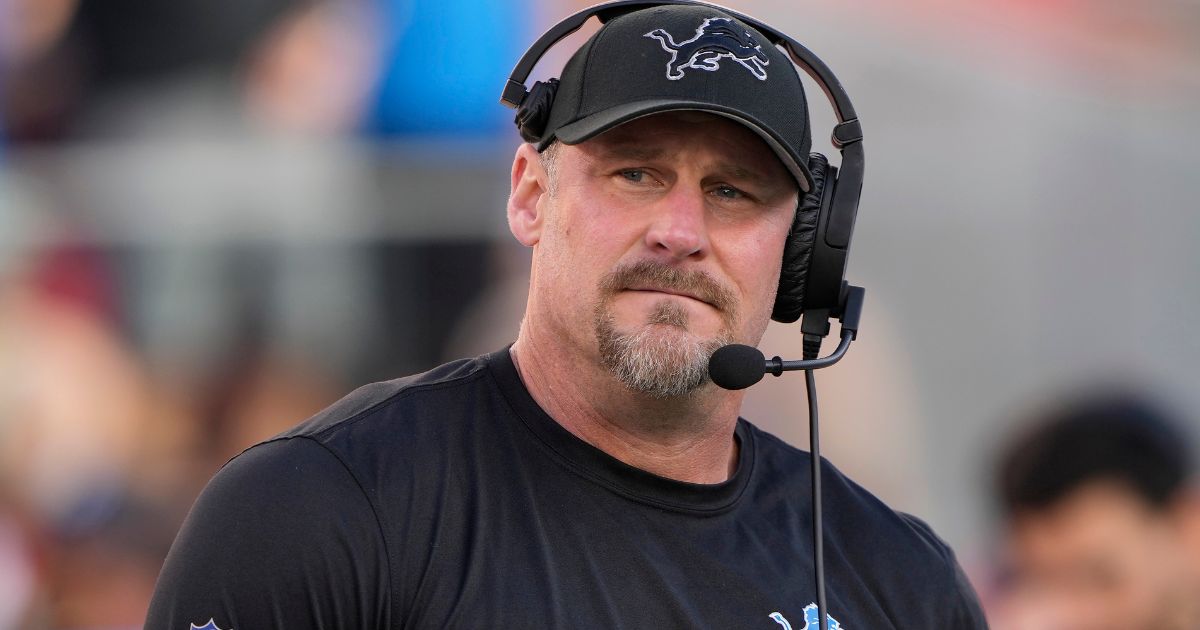 Detroit Lions head coach Dan Campbell reacts prior to a game against the San Francisco 49ers in the NFC Championship Game in Santa Clara, California, on Sunday.