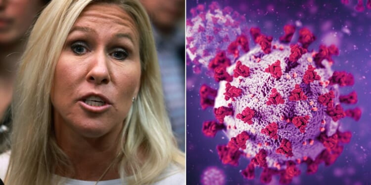 At left, Republican Rep. Marjorie Taylor Greene of Georgia speaks to reporters at the Longworth House Office Building in Washington on Oct. 13. At right is a depiction of a COVID-19 virus molecule.