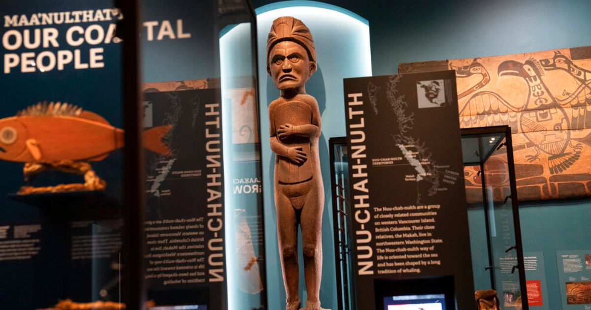 Artifacts and representations of Native American culture from the northwest coast of North America are displayed May 10, 2022, at the American Museum of Natural History in New York.