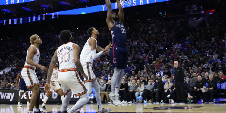 Philadelphia 76ers Joel Embiid dunks during Monday night's game against the San Antonio Spurs in Philadelphia.