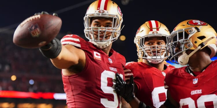 Arik Armstead of the San Francisco 49ers celebrates after recovering a fumble against the Detroit Lions during the second half of the NFC Championship football game at Levi's Stadium on Sunday in Santa Clara, California.