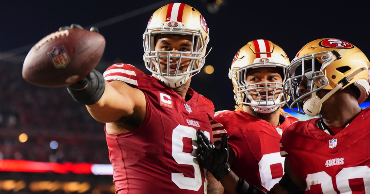 Arik Armstead of the San Francisco 49ers celebrates after recovering a fumble against the Detroit Lions during the second half of the NFC Championship football game at Levi's Stadium on Sunday in Santa Clara, California.