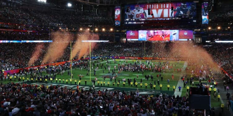 A general view as the Kansas City Chiefs celebrate after defeating the Philadelphia Eagles 38-35 in Super Bowl LVII in Glendale, Arizona, on Feb. 12.