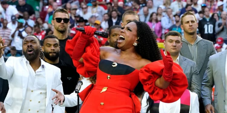 Sheryl Lee performs "Lift Every Voice and Sing" before Super Bowl LVII between the Kansas City Chiefs and the Philadelphia Eagles in Glendale, Arizona, on Feb. 12.