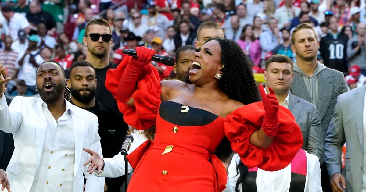 Sheryl Lee performs "Lift Every Voice and Sing" before Super Bowl LVII between the Kansas City Chiefs and the Philadelphia Eagles in Glendale, Arizona, on Feb. 12.