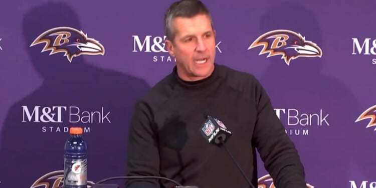 Baltimore Ravens Coach John Harbaugh addresses the media after Saturday's playoff win.