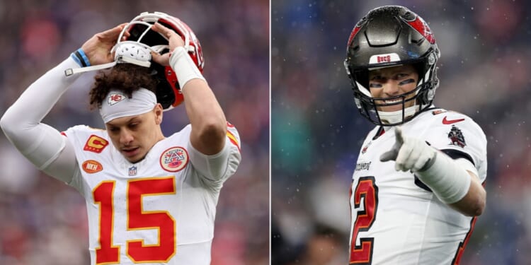 Kansas City Chief quarterback Patrick Mahomes, left, and former Tampa Bay Buccaneers and New England Patriots quarterback Tom Brady, right.