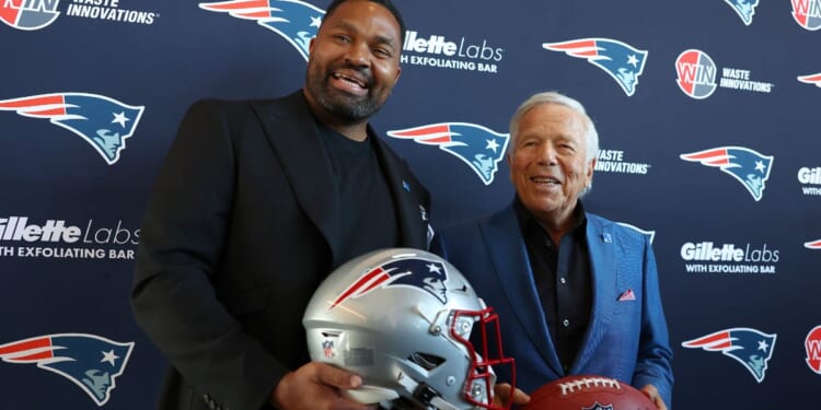 Newly appointed head coach Jerod Mayo and Owner Robert Kraft of the New England Patriots pose after a press conference at Gillette Stadium in Foxborough, Massachusetts, on Wednesday.