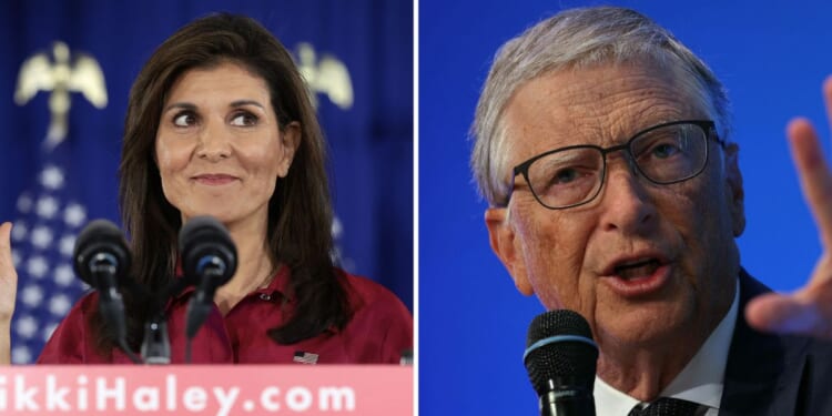 Nikki Haley speaks on Monday in West Des Moines, Iowa. Bill Gates speaks in Paris on Dec. 5, 2023.