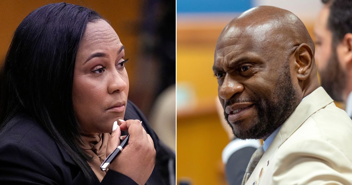 At left, Fulton County, Georgia, District Attorney Fani Willis watches proceedings during a hearing in Atlanta on Jan. 24. At right, Fulton County special prosecutor Nathan Wade reacts during a jury questionnaire hearing in the courtroom of Fulton County Superior Judge Scott McAfee at the Fulton County Courthouse in Atlanta on Oct. 16.