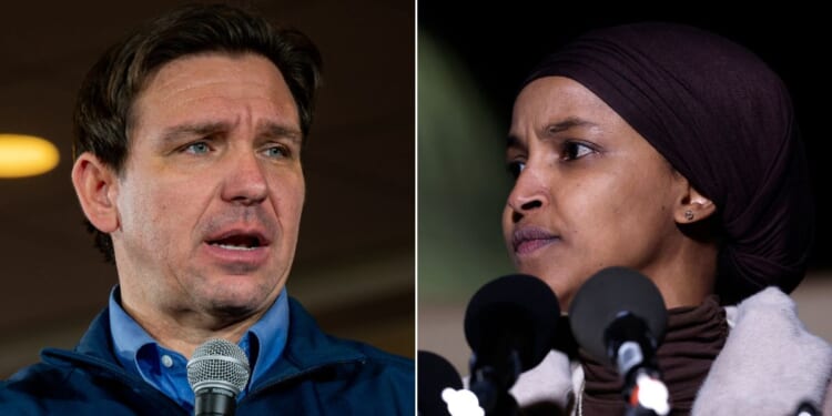 At left, Florida Gov. Ron DeSantis speaks to supporters at LaBelle Winery in Rockingham County, New Hampshire, on Jan. 17. At right, Democratic Rep. Ilhan Omar of Minnesota speaks outside the U.S. Capitol in Washington on Nov. 13.