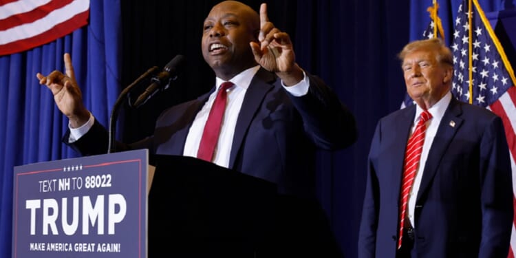 Sen. Tim Scott, pictured Friday during a campaign rally for former President Donald Trump in Concord, New Hampshire.