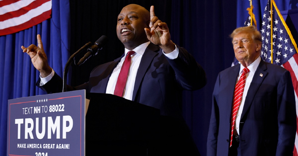 Sen. Tim Scott, pictured Friday during a campaign rally for former President Donald Trump in Concord, New Hampshire.