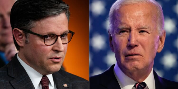 At left, Speaker of the House Mike Johnson speaks during a news conference at the U.S. Capitol in Washington on Wednesday. At right, President Joe Biden speaks during a campaign event at Montgomery County Community College in Blue Bell, Pennsylvania, on Jan 5.