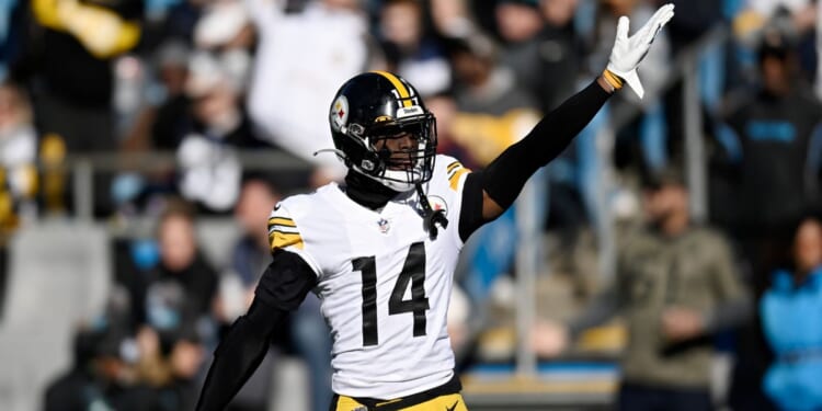 George Pickens of the Pittsburgh Steelers celebrates after making a catch against the Carolina Panthers in Charlotte, North Carolina, on Dec. 18, 2022.