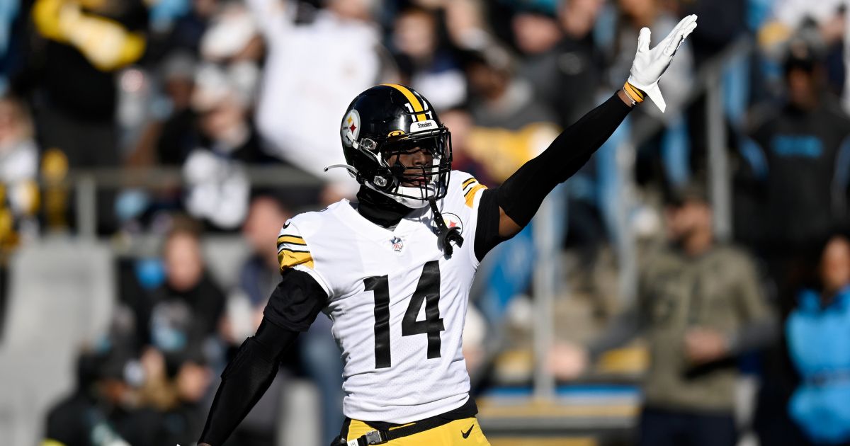 George Pickens of the Pittsburgh Steelers celebrates after making a catch against the Carolina Panthers in Charlotte, North Carolina, on Dec. 18, 2022.