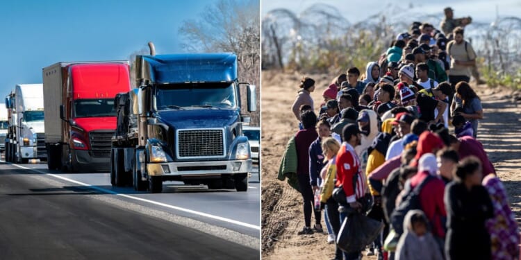 At left, a stock photo shows trucks driving in a convoy down an interstate highway. At right, illegal immigrants wait to be processed after crossing the Rio Grande from Mexico into Eagle Pass, Texas, on Dec. 18.