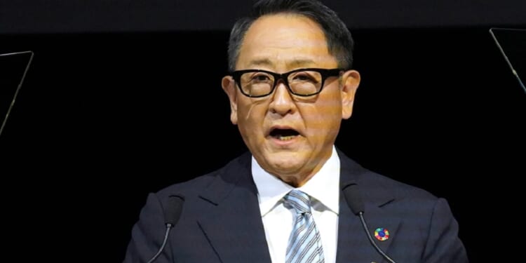 Akio Toyoda, chairman of Toyota Motors, is pictured speaking in an October file photo from the Japan Mobility Show in Tokyo.