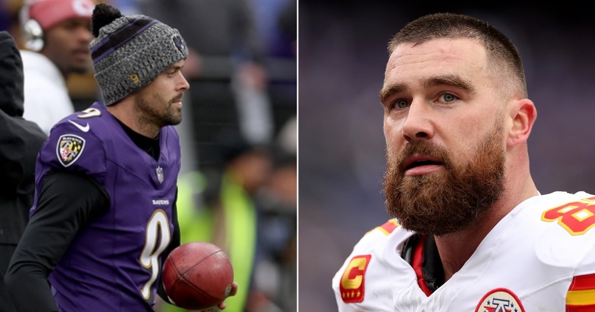 Baltimore Ravens kicker Justin Tucker, left; Kansas City Chiefs tight end Travis Kelce, right.